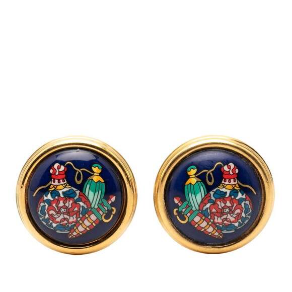 HERMES Jewelry - Hermes Enamel Round Earrings, Gold Plated, Women's